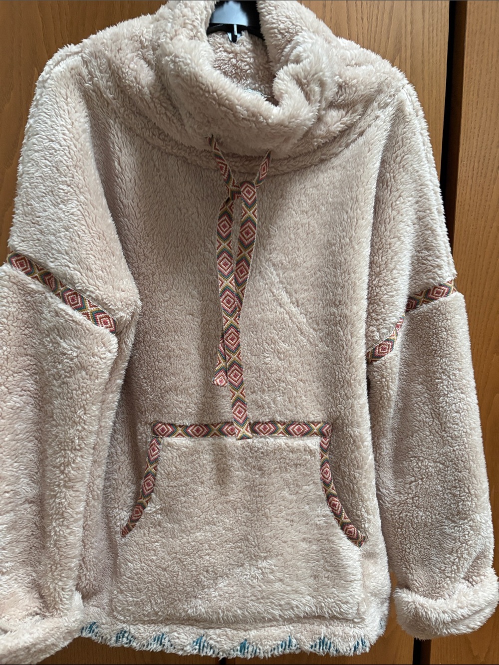 Sundance Plush Cowl Neck Sherpa Pullover in Cream with Patterned Trim